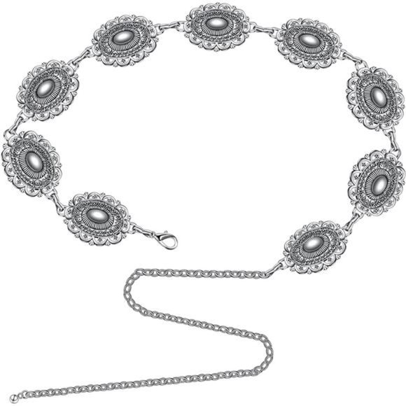 Western Metal Oval Concho Chain Belt Silver Belts Adjustable Belts for Jeans main image 3